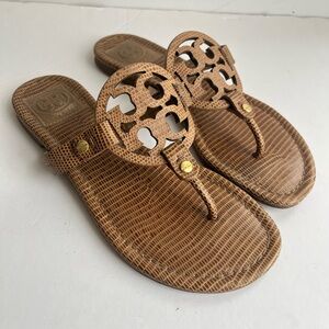 TORY BURCH Brown Tan Leather Reptile Miller Sandals Flip Flops Slides Size 6.5M
